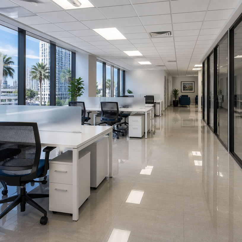 Spotless modern office interior after professional cleaning in Miami
